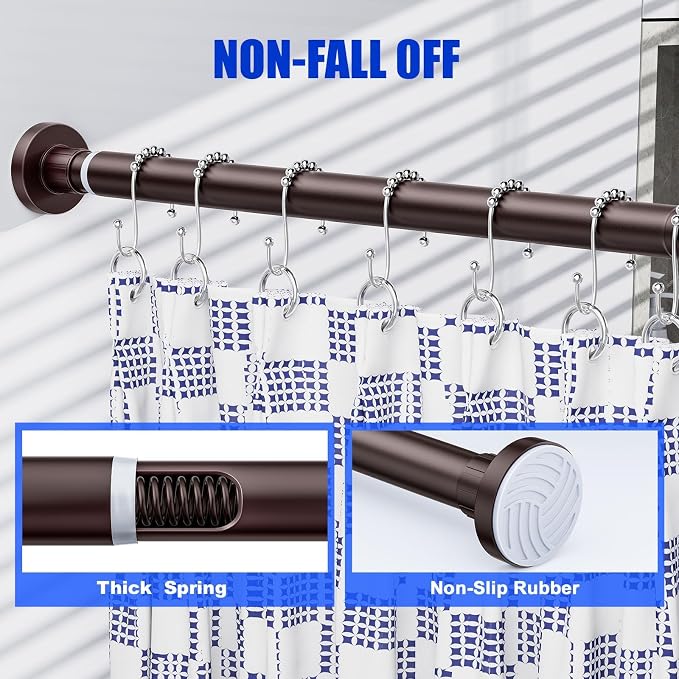 Ausemku Shower Curtain Rod 32-94 Inch Adjustable - 1 Inch Diameter Heavy Duty No drill Spring Tension Shower Rod, Non-Slip Rustproof Telescopic Rod for Bathroom, Brown