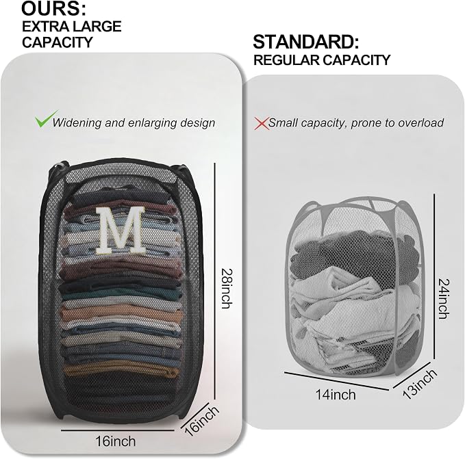Collapsible Pop Up Laundry Hamper, Extra Large with Removable Initial Letter M, Mesh Foldable Laundry Basket, 28" x 16" x 16" (Black)