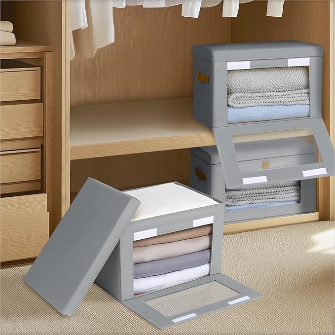 Homsorout Medium Fabric Storage bins - Collapsible Storage Bins with Open Window, 6 Pack Closet Baskets for Shelves, Stackable Decorative Boxes for Home, Dorm, Grey, 13.7"x 9.8" x 9.8"