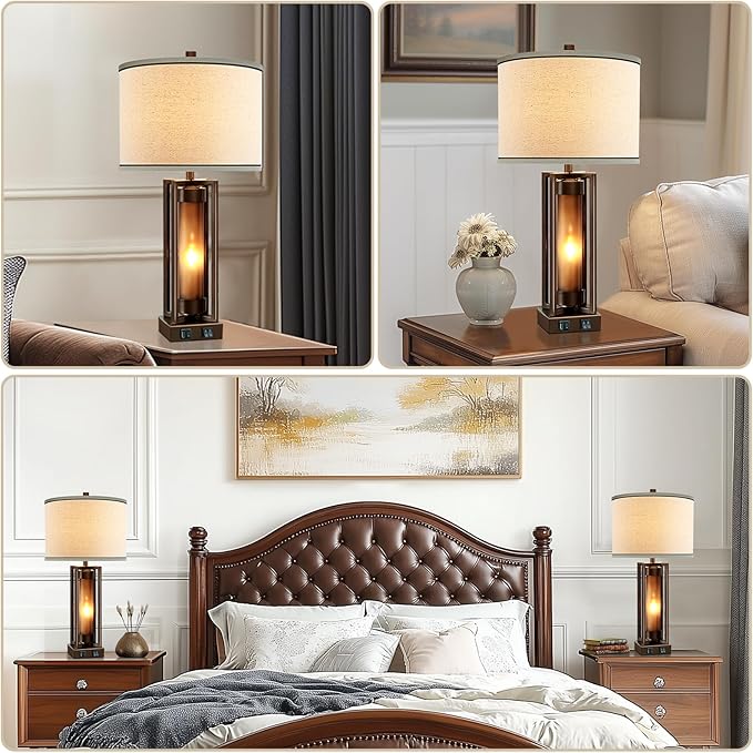 Rustic Table Lamps for Living Room with USB C+A Ports, Farmhouse Vintage Nightstand Lamp with Amber Acrylic Night Light, Retro Desk Lamp for Bedroom Entryway Dorm, 2 Bulbs Included (Brown)