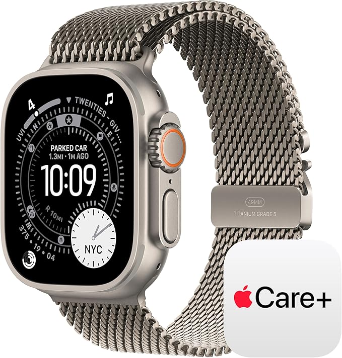 Apple Watch Ultra 3 [GPS + Cellular 49mm] Running & Multisport Smartwatch w/ Rugged Titanium Case w/ Natural Titanium Milanese Loop - L w/ AppleCare+ (2 years)