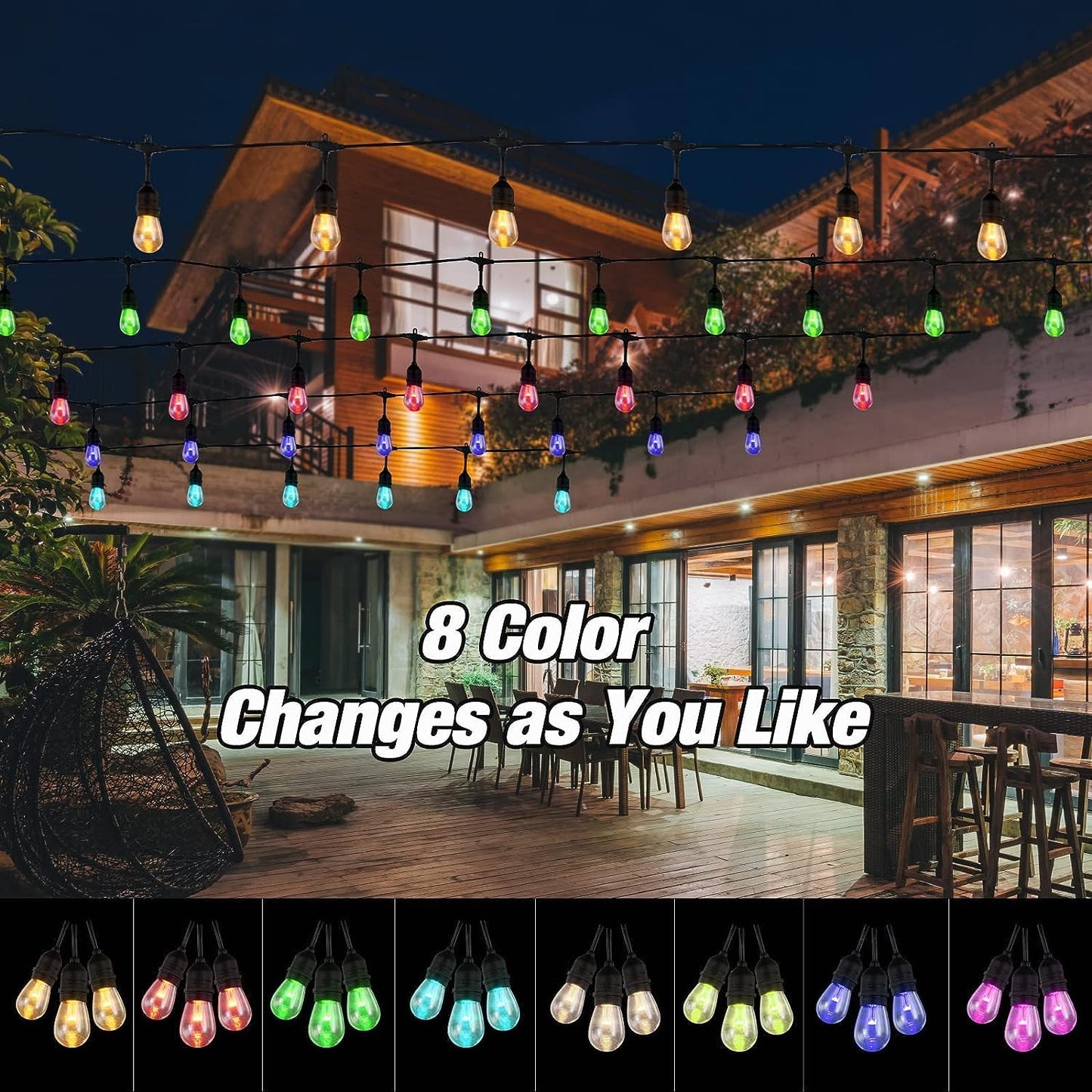 Auroraworld Outdoor String Lights, 48FT Color Changing Outdoor String Lights, Patio Lights Waterproof Porch Light with Remote, for Patio Decor, Balcony
