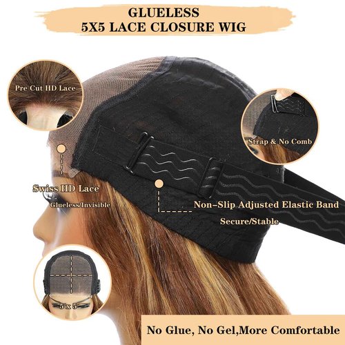 Highlight Ombre Glueless Wigs Human Hair Pre Plucked Pre Cut 200% Density 5x5 HD Lace Closure Wigs Human Hair P4/27 Colored Honey Blonde Body Wave Lace Front Wigs Human Hair for Women (18 Inch)