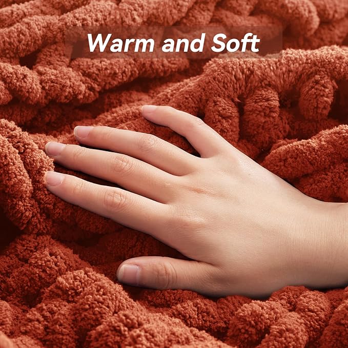 Negwoo Chunky Knit Throw Blanket, 50''*60'' Fall Throw Blanket Knitted Chenille Yarn for Bed Couch, Handmade Orange Crochet Big Thick Blanket, Machine Washable Cute Comfy Blankets for Home Decor