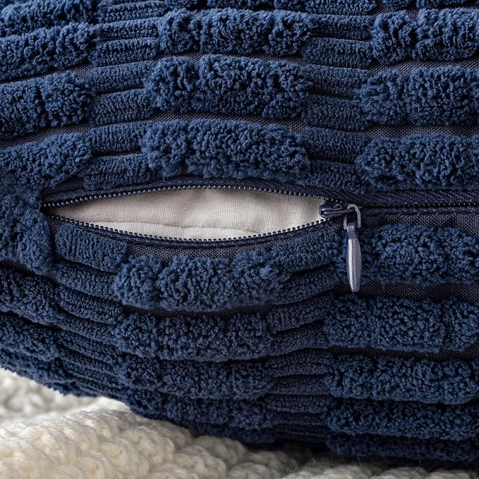MIULEE Pack of 2 Corduroy Decorative Euro Sham Throw Pillow Covers 22x22 Inch Soft Boho Striped Pillow Covers Modern Farmhouse Home Decor for Summer Coastal Sofa Living Room Couch Bed Dark Blue