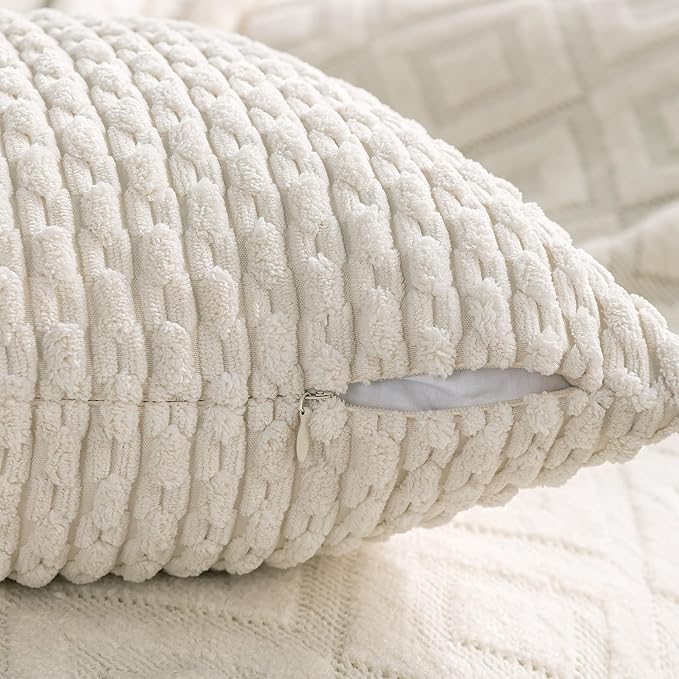 Set of 4 Navy White Taupe Decorative Throw Pillow Covers 24x24 Inch Corduroy Pillow Covers for Bed Couch Sofa Living Room Soft Square Cushion Cases