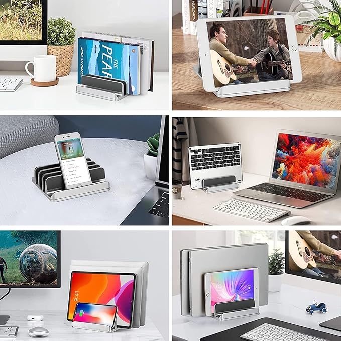 3-Slot Vertical Laptop Stand for Desk [Updated Version],Space-Saving Aluminum Desktop Stand Holder with Adjustable Dock Size Compatible for All MacBook/HP/Dell/Surface/Samsung/Chrome Book(Silver)