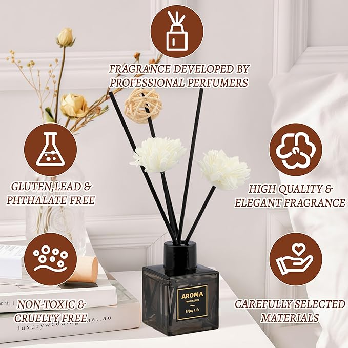 Black Glass Bottle Scent Diffuser, 1.7 oz Reed Diffuser with Sticks, Home Fragrance for Bookshelf, Bedroom Vanity, Office Desk & Bathroom Decor, Air Freshener for Aesthetic Room Decor (Freesia)