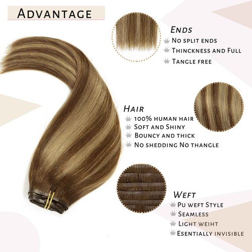 Caliee Seamless Hair Extensions Clip in Human Hair Ultra Thin Double PU Skin Weft Real Human Hair Extensions R4-4/27 Chocolate Brown to Caramel Blonde Ombre Clip in Hair Extensions 16Inch 115G 8Pcs