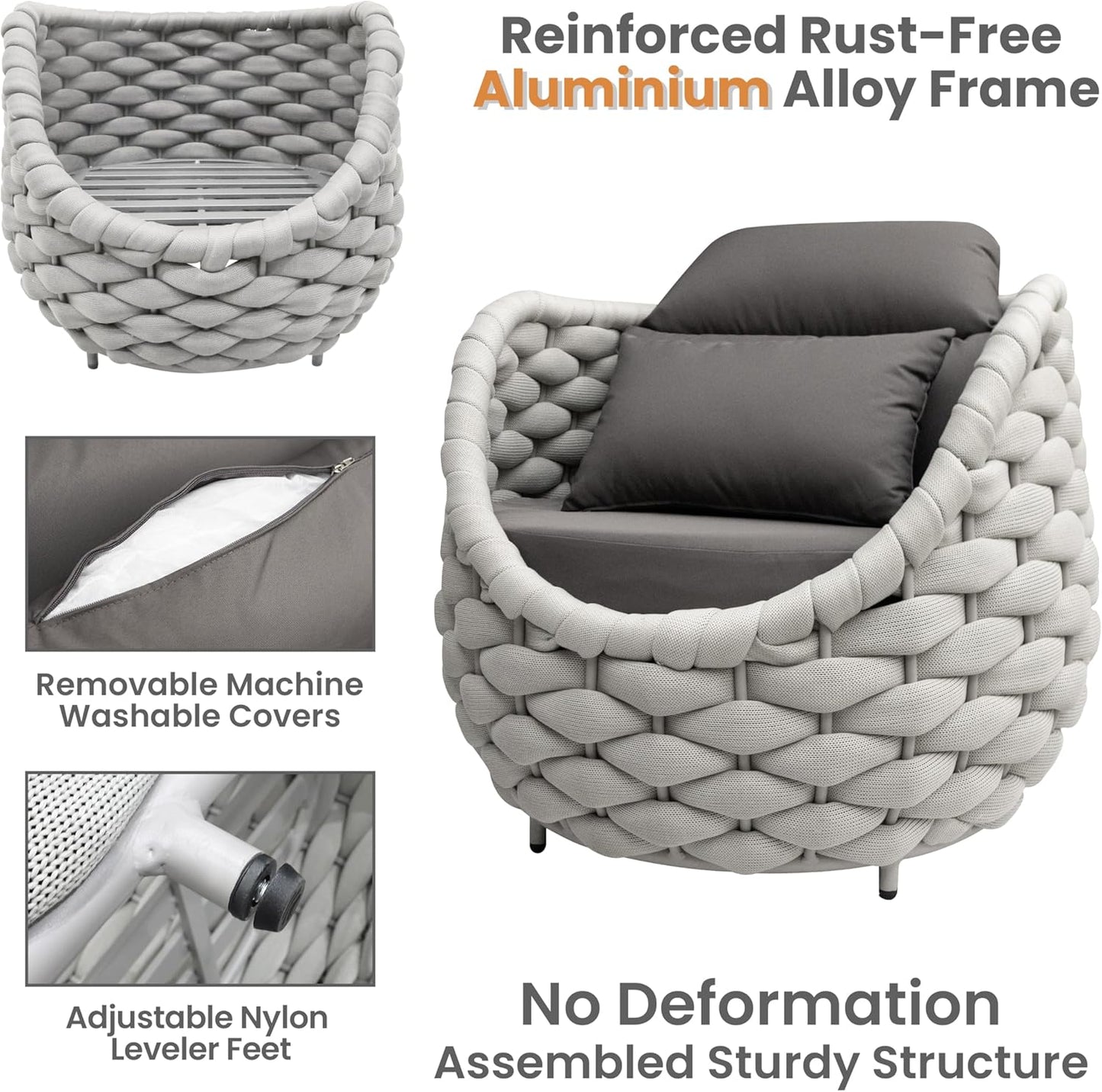 Balcony Furniture Set for Apartments: 4 Pieces Aluminum Woven Rope Patio Conversation Set - Modern Cushioned Lounge Chair Set - Assembled Porch Armchair for 400lbs Garden Lanai Poolsides Hotel