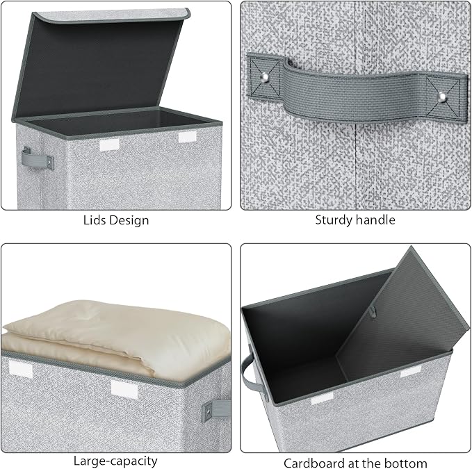 Univivi Storage Bins with Lids [4-Pack] Large Collapsible Stackable Fabric Storage Boxes with Lids, Decorative Closet Organizers and Storage for Clothes, Office, Bedroom (Gray, 17“ x 12” x 12")