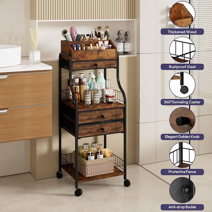 SWTYMIKI Rolling Makeup Organizer Cart - Floor Skincare Storage with Non-woven Drawers, Vanity Organizer Cosmetic Display Cases with Wheels, Cabinet for Skin Care Perfume Nail Polish Brush Hair Tool