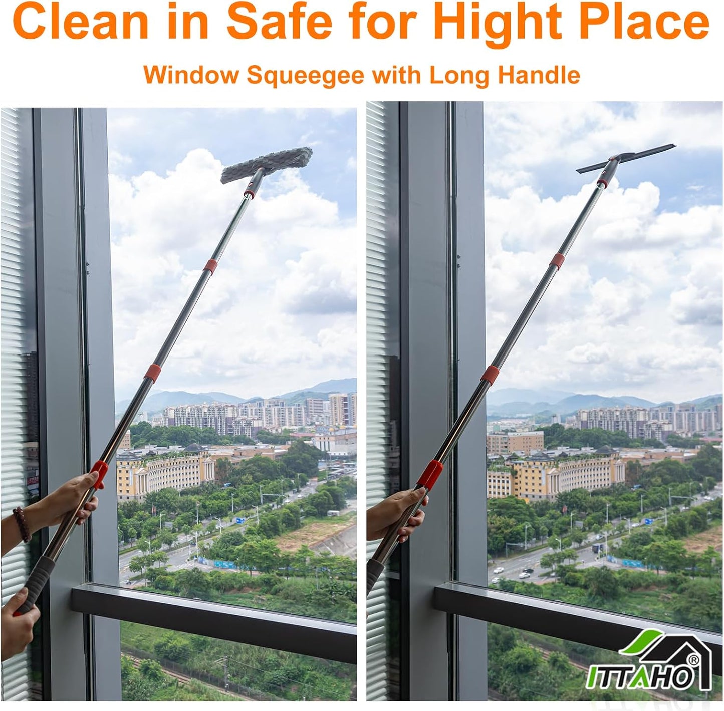 ITTAHO Squeegee for Window Cleaning,12" Squeegee and 11" Microfiber Scrubber Combi with Stainless Steel Pole,Extendable Window Cleaner for Car,Sliding Door,Shower Glass Door-Swivel Style-2 Pads