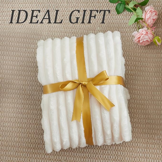 BEDELITE King Size Blanket for Bed, 300GSM Soft & Warm Fleece Blanket, Decorative and Giftable Striped Cream White Blankets for Women, Men, 108"x90"