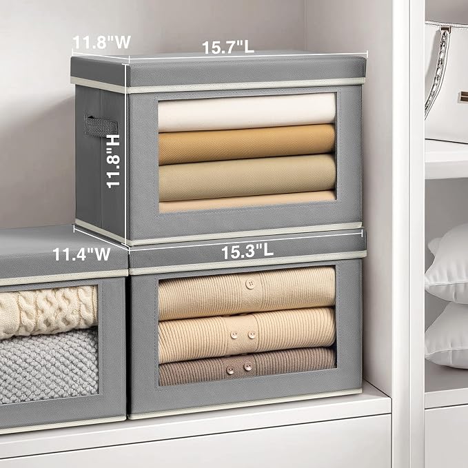 Homsorout Storage Bins with Lids, 3 Pack Large Storage Cubes with Window, Closet Bins with Lids & Handles, Fabric Box for Organizing Clothes, Towels, Books, Grey