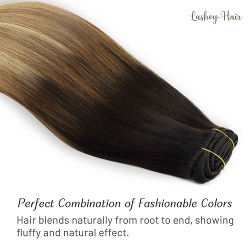 Lashey Clip in Hair Extensions - 22 inch Dark Brown to Chestnut Brown & Dirty Blonde Highlighted Real Human Hair - 120g 7pcs