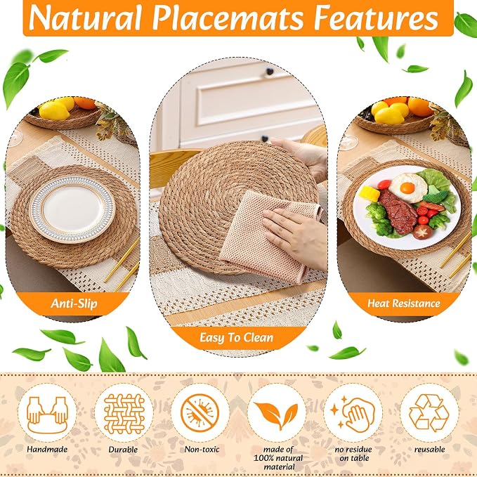 4 Sets Boho Decoration Placemats Round Woven Placemats, Cloth Napkins, Wood Bead Napkin Rings, Long Table Runner and Farmhouse Burlap Cotton for Table Kitchen (Khaki,12x72)