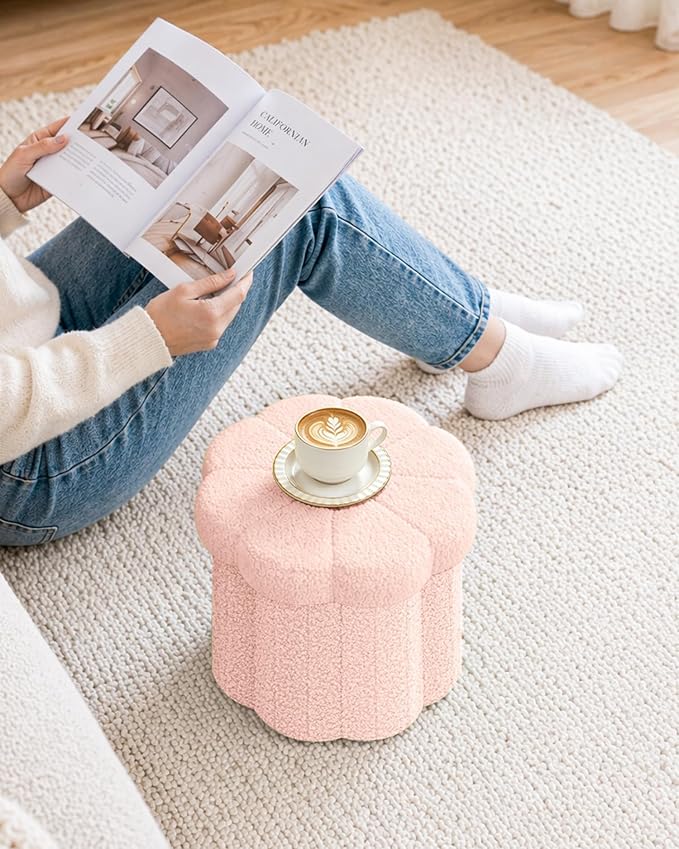 B FSOBEIIALEO Storage Ottoman Foldable, Sunflower Shaped Small Footrest Collapsible Folding Seat Bench for Bedroom Living Room Entryway, Faux Teddy Fur, Pink 12.6"x12.6"x11.4"