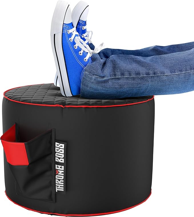 Throne Boss Gaming Footstool - Cover ONLY No Filling - Matching Bean Bag Chair Pouf/Ottoman - Round Gamer Foot Stool Footrest with Drink Holder (Red)