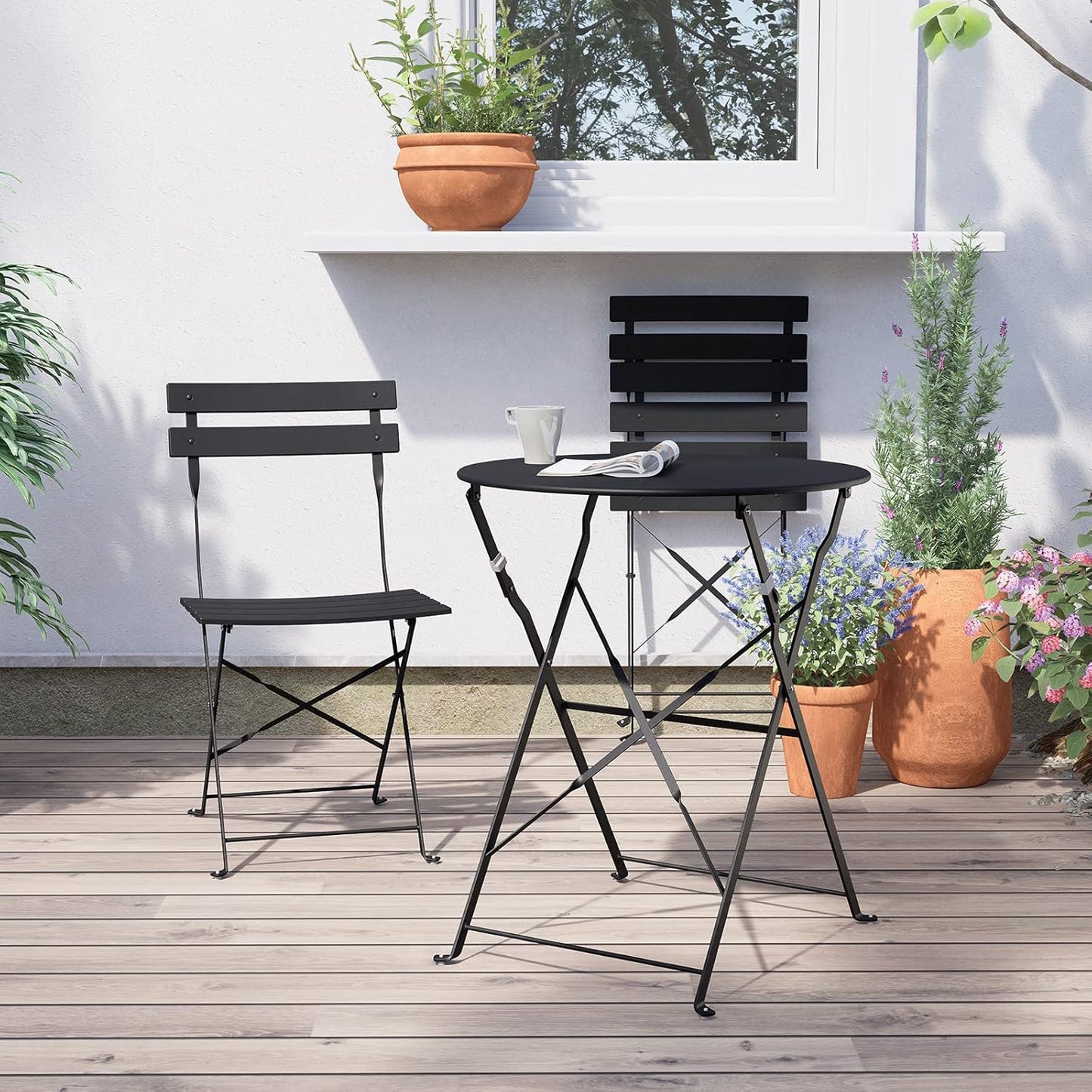 Grand patio 3-Piece Folding Bistro Set, 2 Chairs and 1 Table, Weather-Resistant Outdoor/Indoor Conversation Set for Patio, Yard, Garden-Black