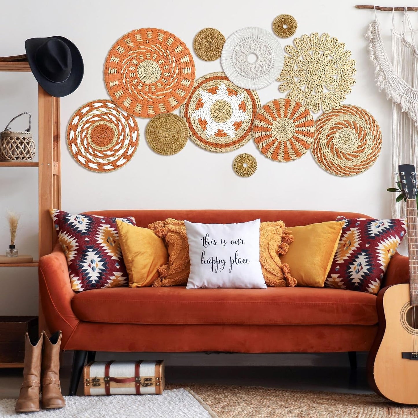 Tatuo 11 Pcs Boho Wall Basket Decor Decorative Bulrush Woven Basket Wall Decor Art Round Farmhouse Hanging Baskets for Kitchen Rustic Home Summer Decorations, Multi Sizes(Delicate)