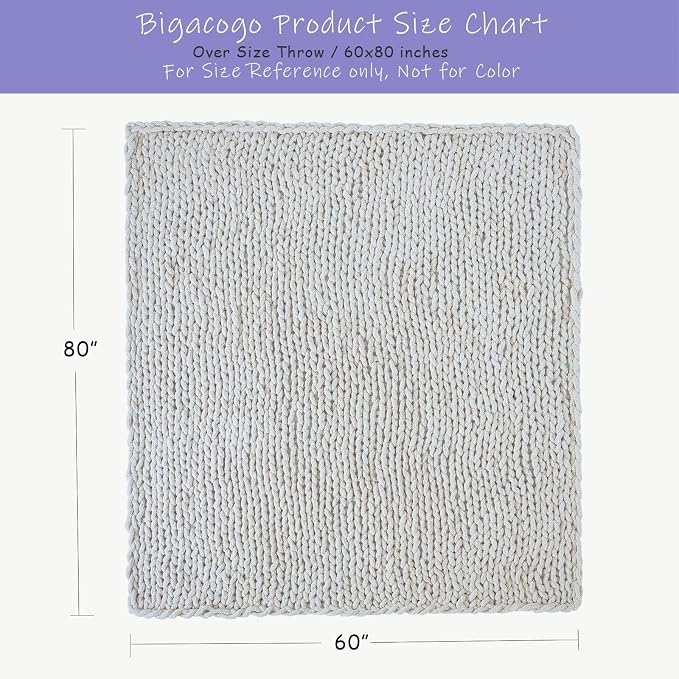 Bigacogo Chunky Knit Throw Blanket for Couch, 60x80 inches, 100% Hand Knitted with Thick Jumbo Chenille Yarn, Cozy Soft Large Rope Knot Cable Crochet Blankets for Sofa Bed Living Room, White