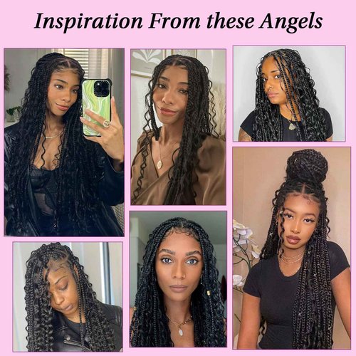 KERNORV 360° HD Full Lace Triangle Knotless Braided Wigs for Women Boho Braided Wigs with Curly Ends Full Lace Box Braid Wig with Baby Hair Premium Synthetic Braided Lace Front Wig 36" Black