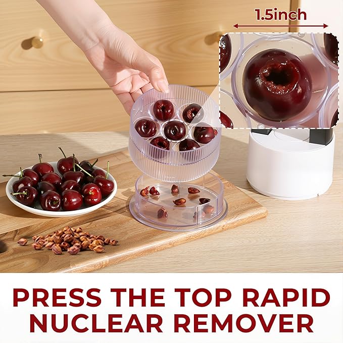 Cherry Pitter Tool, 7-in-1 Cherry Stoner with 1.5" Large Jumbo Cherry Slots | Clear Anti-Splash Pit Container, Easy Press Ergonomic Handle, Dishwasher Safe Multi Fruit Pitter for Homemade Desserts