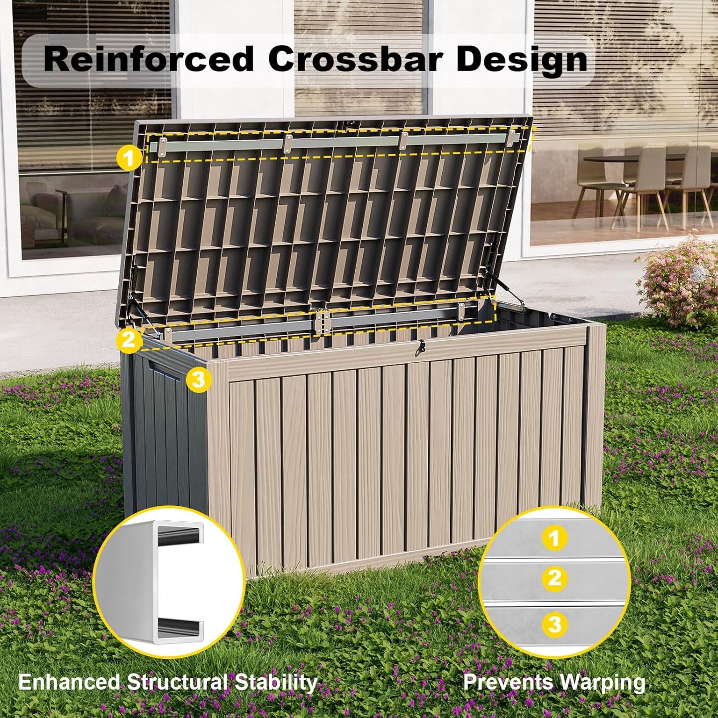 150 Gallon Outdoor Deck Box,Storage Lockable Waterproof Patio Furniture,Garden Tools,Cushions,Pool Accessories Outside Storage Resin Box(Grey)