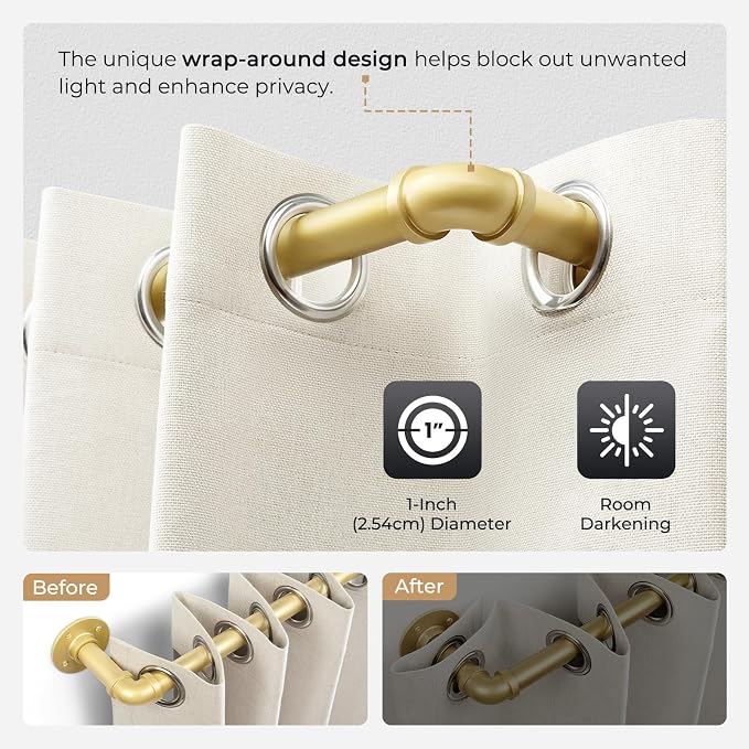 Zeerobee Curtain Rods for Windows 32 to 72, 1 Inch Industrial Wrap Around Gold Curtain Rod, Indoor/Outdoor Room Divider Adjustable Drapery Pole, 32"-72"
