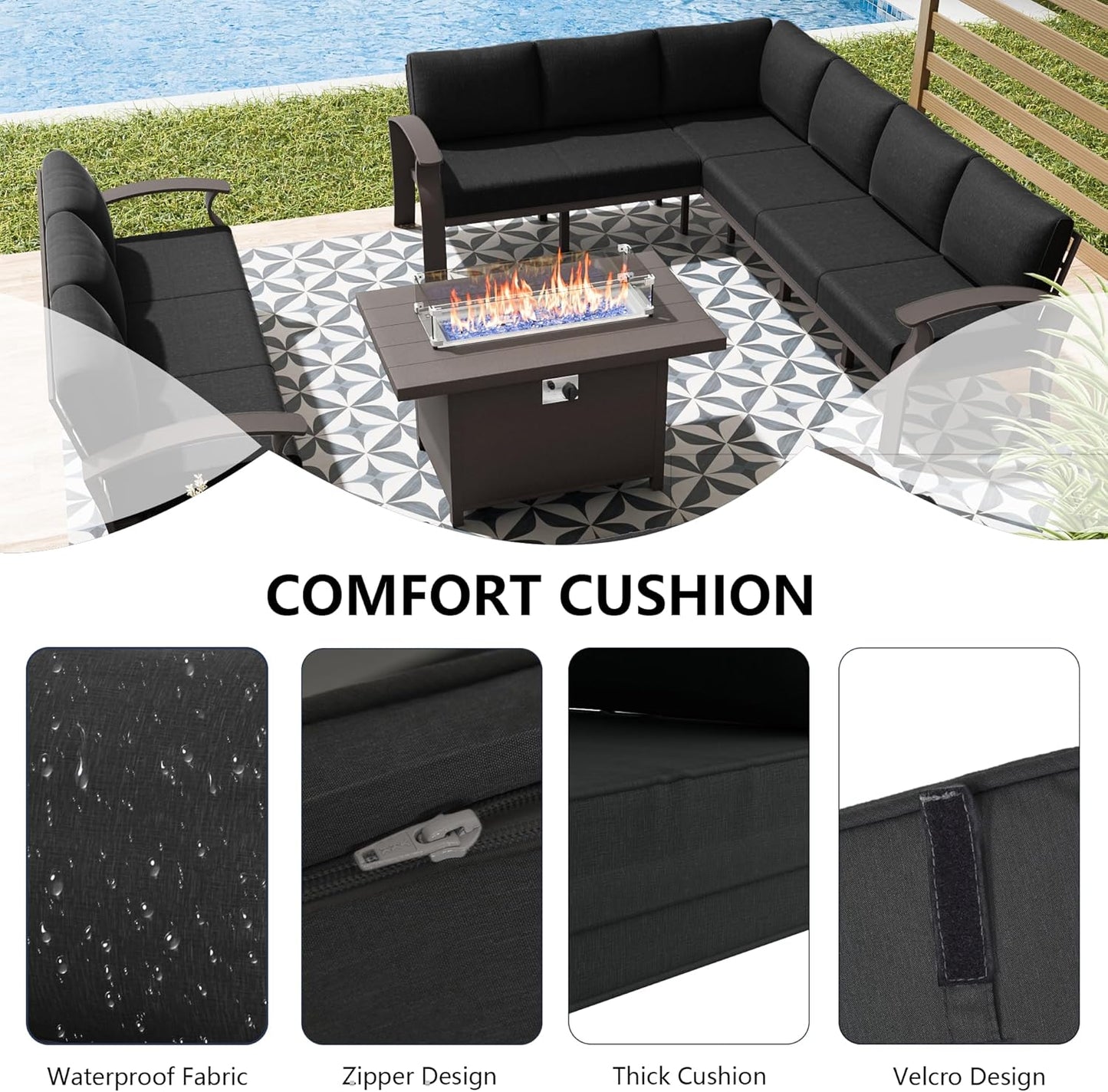 Aluminum Patio Furniture Set with Fire Pit Table, 10 Seats Outdoor Patio Conversation Set with Swivel Chair Modern Metal Patio Sectional Sofa with Coffee Table for Patio, Backyard(Dark Grey).