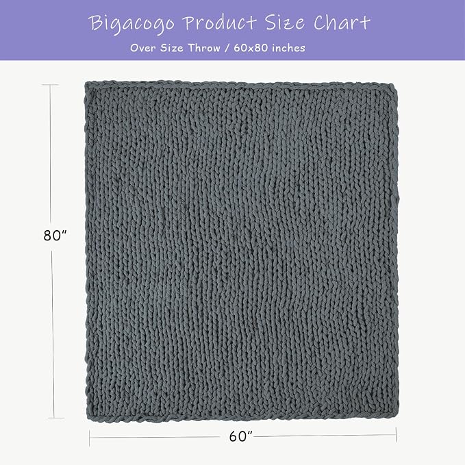 Bigacogo Chunky Knit Throw Blanket for Couch, 60x80 inches, 100% Hand Knitted with Thick Jumbo Chenille Yarn, Cozy Soft Large Rope Knot Cable Crochet Blankets for Sofa Bed Living Room, Iron Gray
