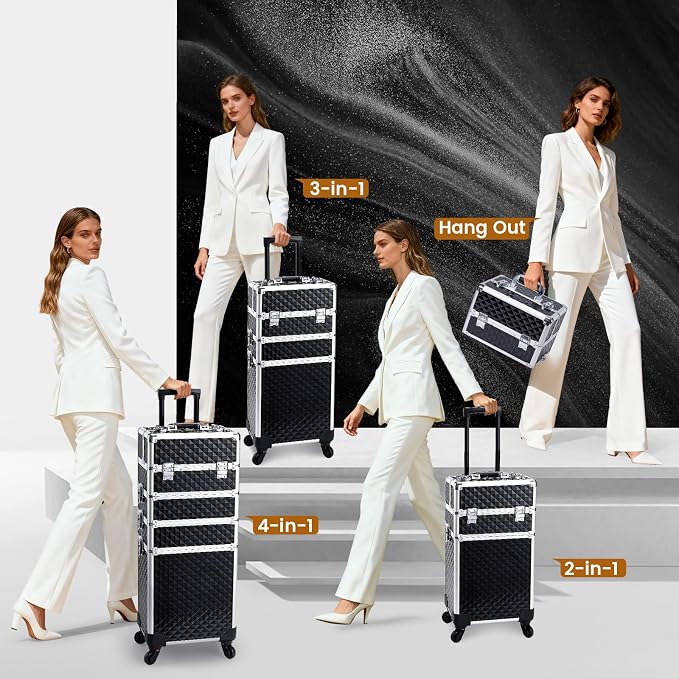 Stagiant Rolling Makeup Case Cosmetology Case on Wheels 4 in 1 Large Cosmetic Organizer Train Case Makeup Travel Case with Key Swivel Wheels Nail Artist Salon Storage Traveling Cart Trunk Black