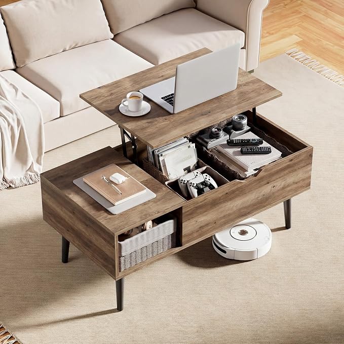 Sweetcrispy Coffee Table Lift Top Coffee Tables for Living Room,Small Rising Wooden Center Tables with Storage Shelf and Hidden Compartment, Grey