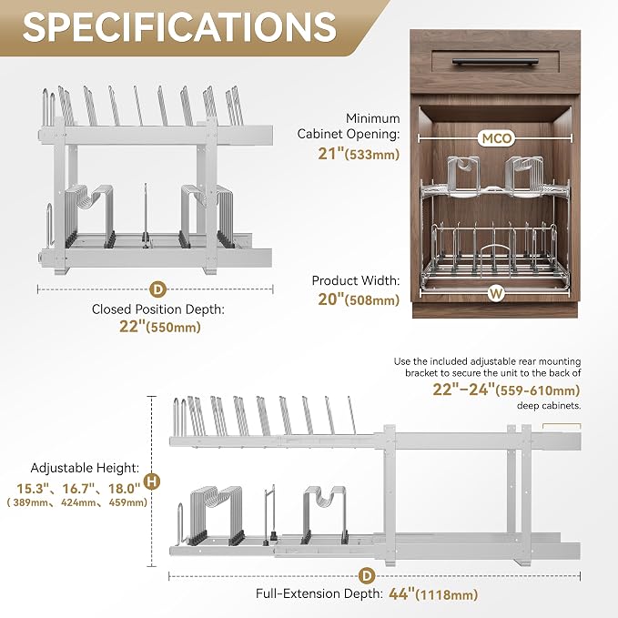 2-Tier Kitchen Pull out Cabinet Organizer for Pots, Pans, and Lid Cookware, Adjustable Heavy Duty Wire Pan and Pot Rack, Full-Extension Rail 21" W *22" D