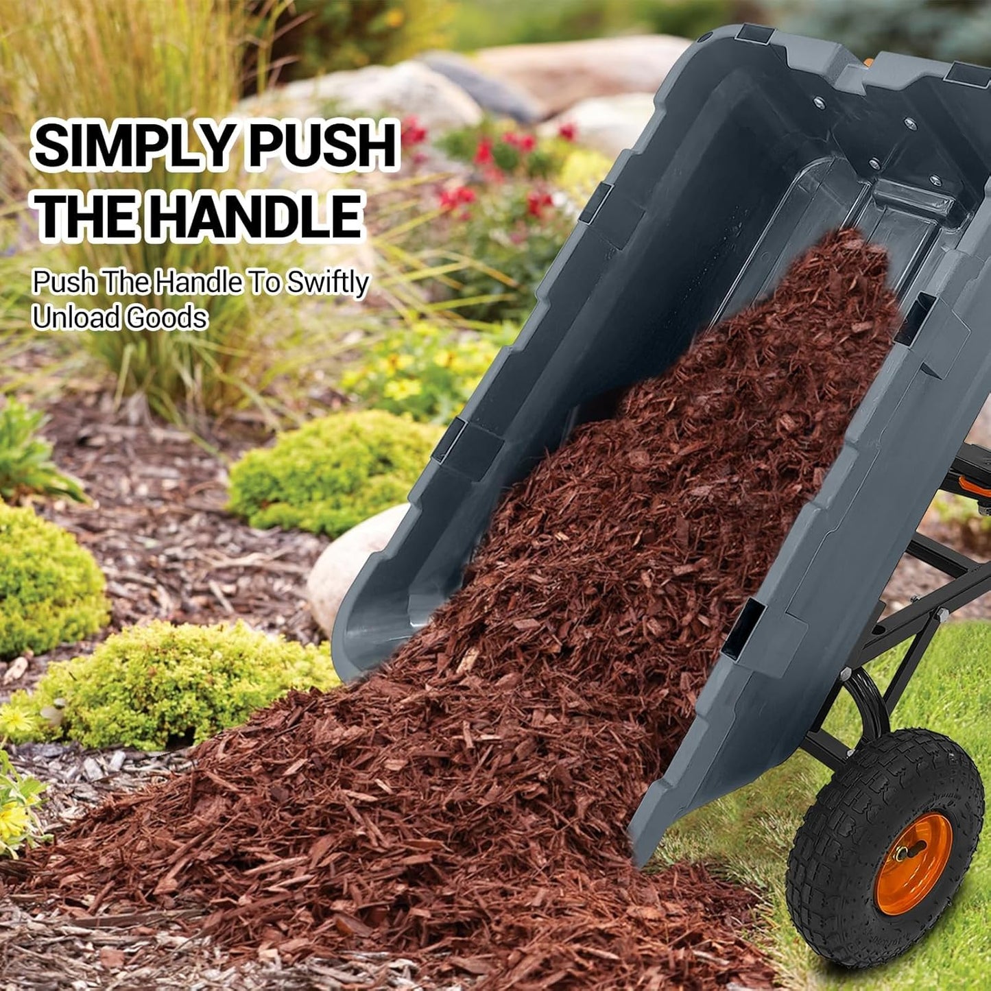 Garvee 800 lbs Poly Garden Dump Cart, Heavy-Duty Wheelbarrow with 10-Inch Tires, 180° Rotating Handle, Steel Frame and Quick Release System Garden Dump Cart for Soil Plants Gardening Tools Wood