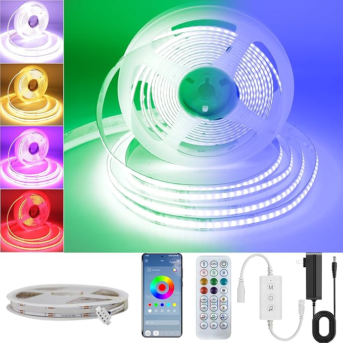 Pandery RGB COB LED Strip Light with Remote and app Control,Music Synchronized Color Change 24V RGB led Strip,16.4FT/5M,10mm Wide,Indoor RGB Lights for Bedroom,Game Room,Bar,Party