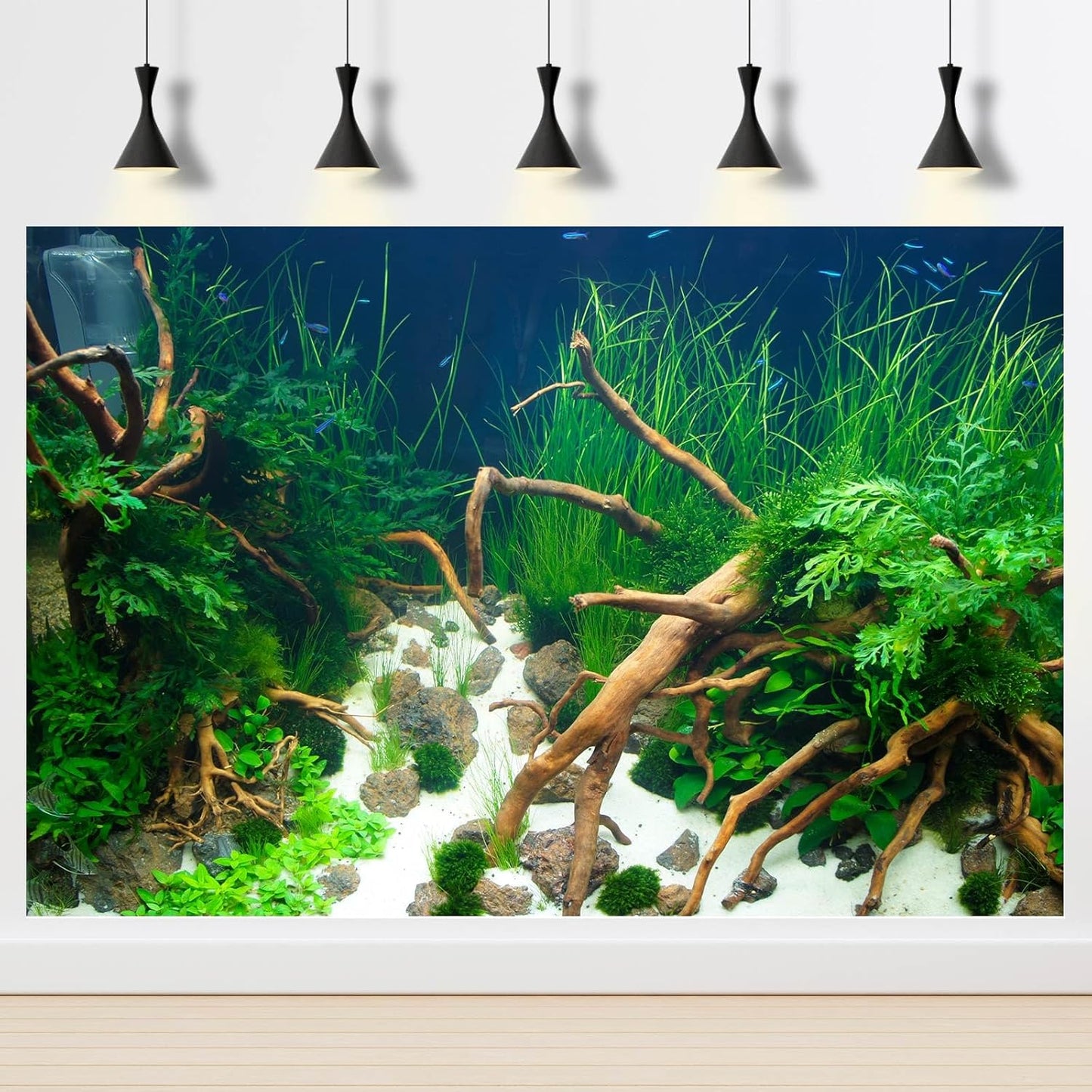Aquarium Background Various Underwater Grass Plants Aquarium Backdrop Vivid and Fresh Green Aquatic Plants Stone River Bed and Dead Wood Yellow Stone Fish Tank Background 72x24in