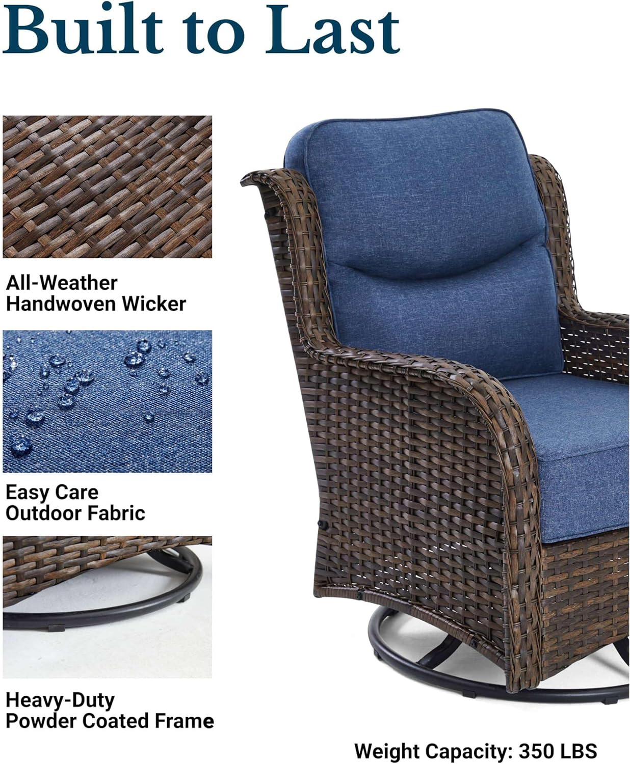 HILLGA Luxury Patio Furniture Set with 6-Inch Thick Cushions, High Back Outdoor Swivel Rocker Chairs and Ottoman, 5-Piece All Weather Conversation Set for Porch Deck Balcony Yard, Blue (V3)