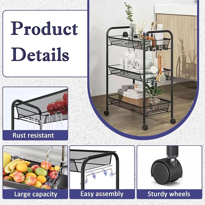 3 Tier Metal Rolling Cart with Wheels, Wire Bathroom Organizer Storage Shelves with Hooks, Utility Cart for Kitchen Laundry Room, Black