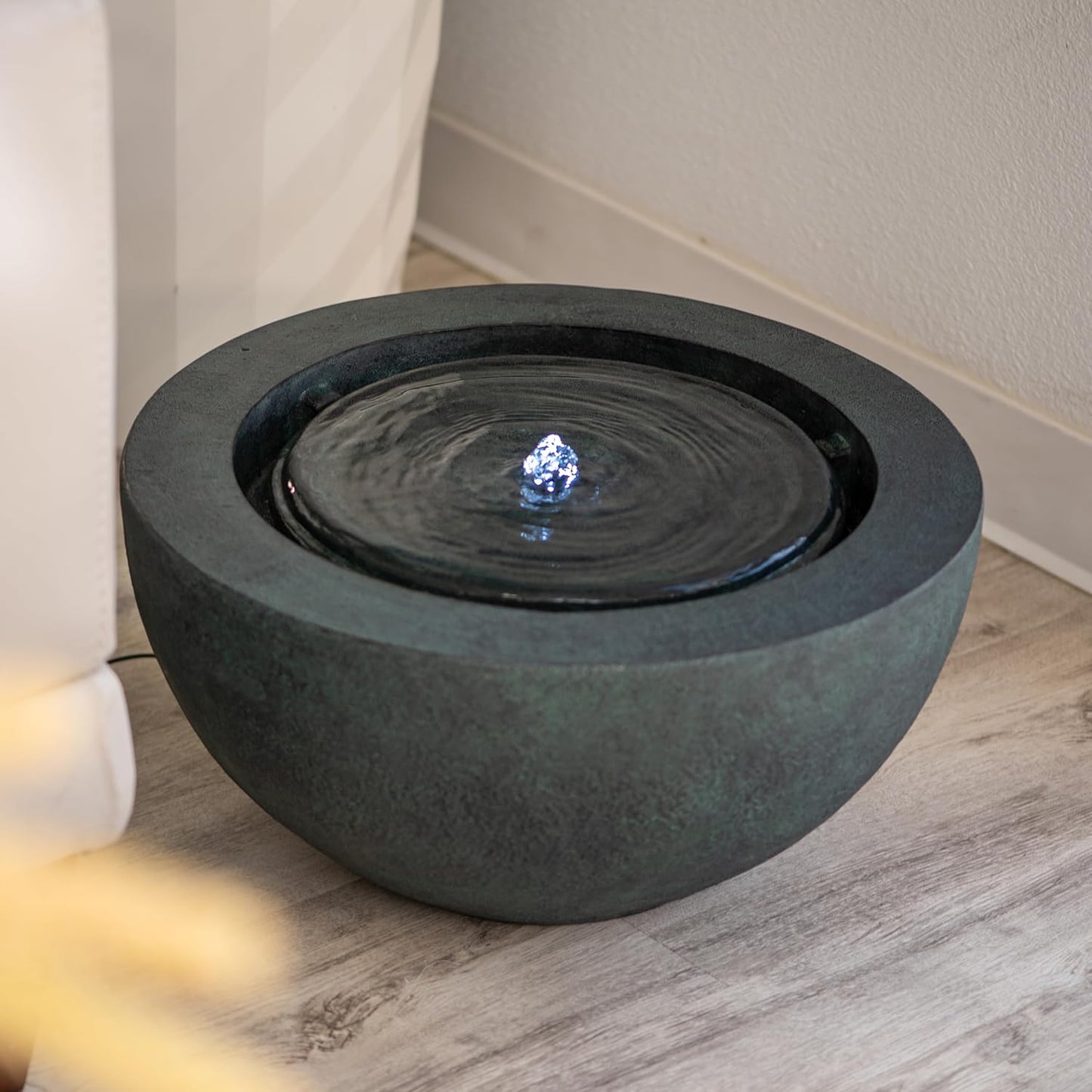 Xbrand 19.8" W Round Polyresin Indoor/Outdoor Sphere Water Bowl w/LED Light, Patio Water Fountain Decor, Dark Green, AMS3542-2