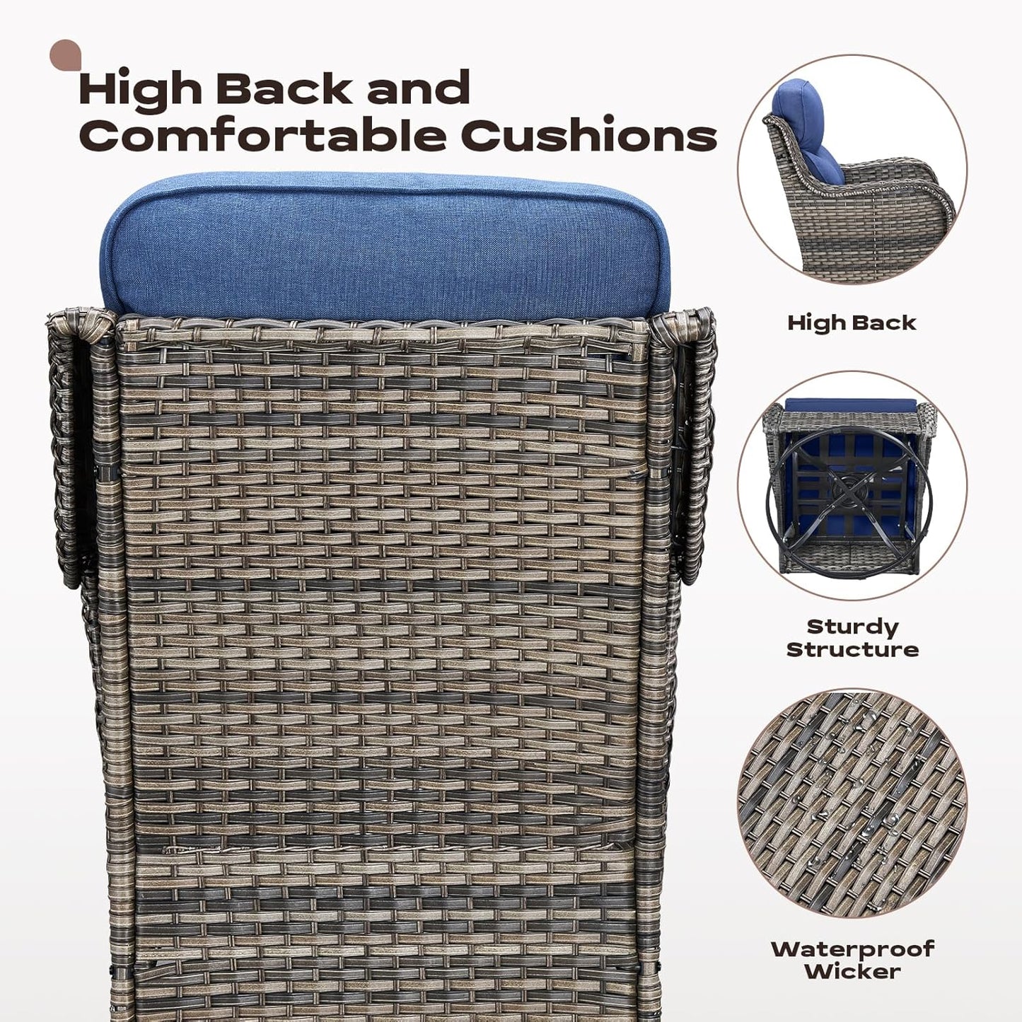 Wicker Outdoor Patio Furniture Set - 8 Piece Patio Conversation Sets with Swivel Rocker Chairs, Ottomans, Sofa and Table, 6 inch Cushions, Deep Seating, for Porch Deck Mixed Grey/Blue