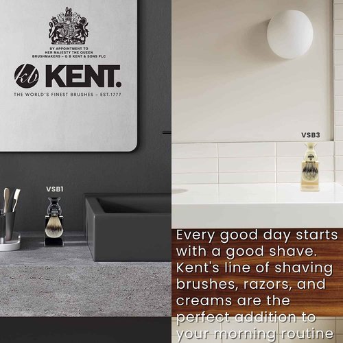 Kent BK4S Shaving Brush with Ultra-Soft Silvertext Synthetic Bristles and Faux Ivory Resin Handle with VSB5 Small White Plastic Shaving Brush Stand for Self Adhesive Hang Drying Shave Brush