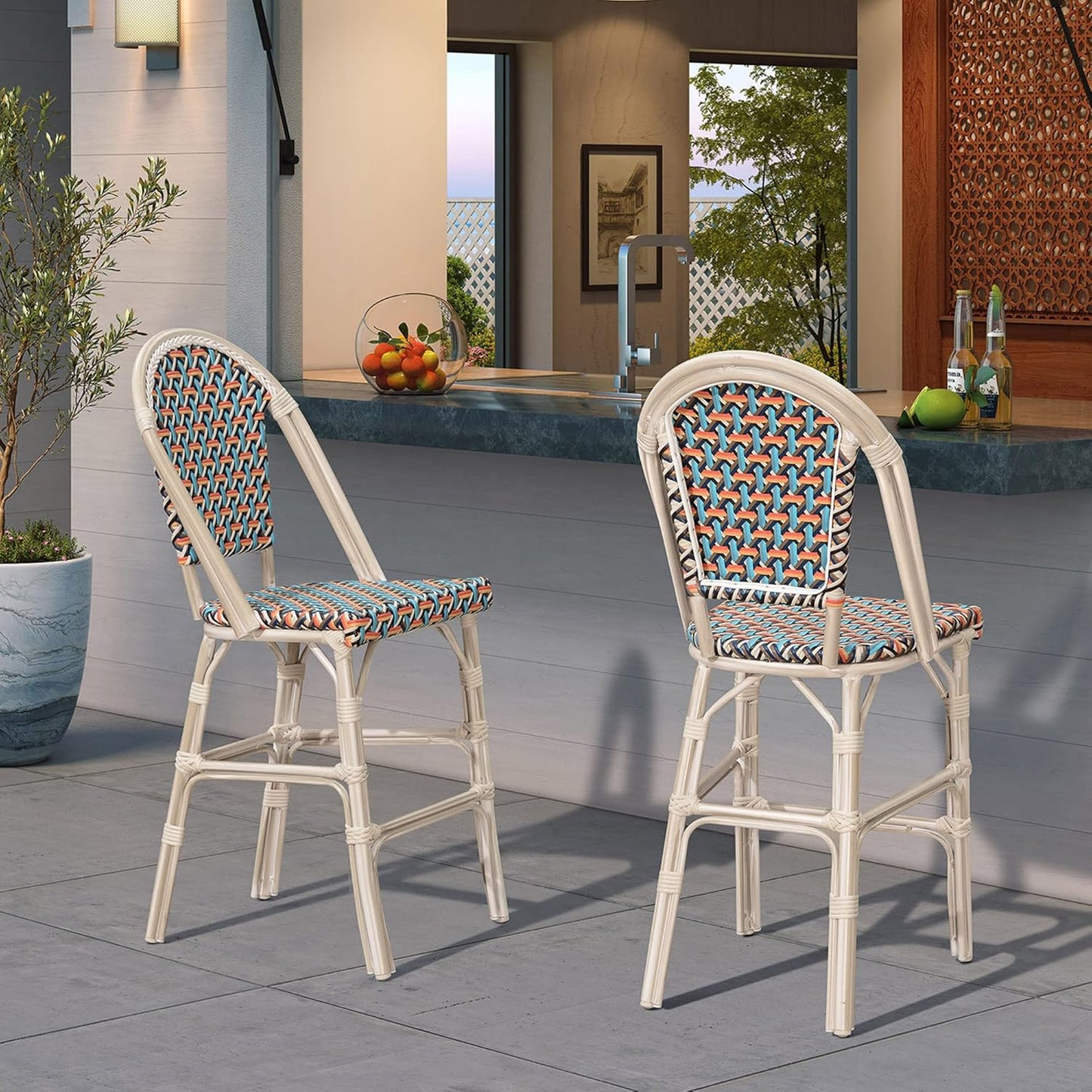 PURPLE LEAF French Counter Height Bar Stool Set of 4 25" White Print Finish Patio Chairs with Back Rattan Bar Chairs French Bistro Set for Kitchen Outdoor Counter Stool Colorful