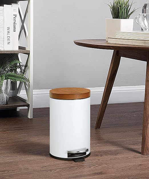 SunnyPoint Elite Bamboo Lid 4.5 Liter (1.2 Gallon) Round Trash Can with Plastic Inner Bucket; Bathroom, Office, Kitchen and Bedroom Step On and Slow Close (White)
