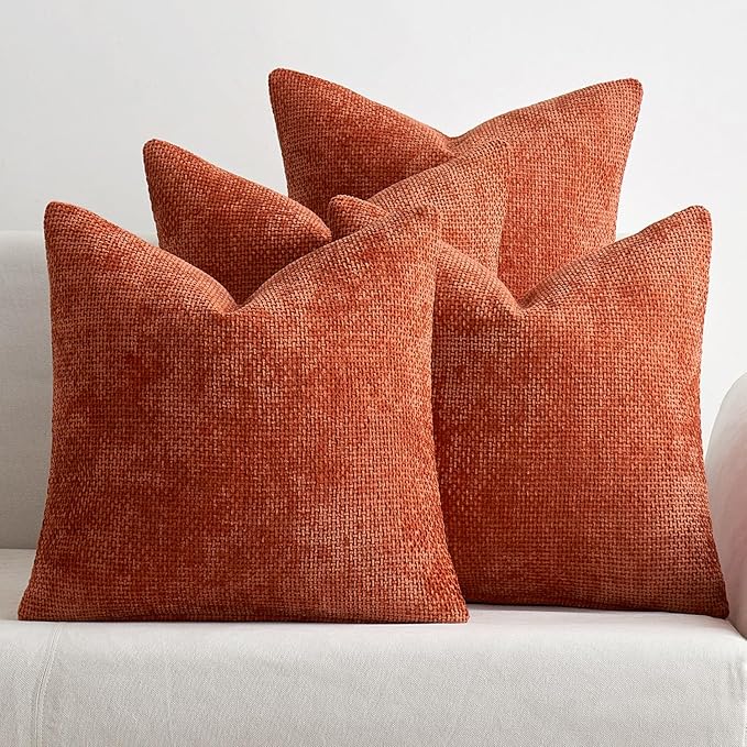 MIULEE Pack of 4 Couch Throw Pillow Covers 18x18 Inch Burnt Orange Soft Decorative Chenille Pillow Covers Farmhouse Accent Cushion Covers for Boho Home Decor Sofa Bedroom Living Room