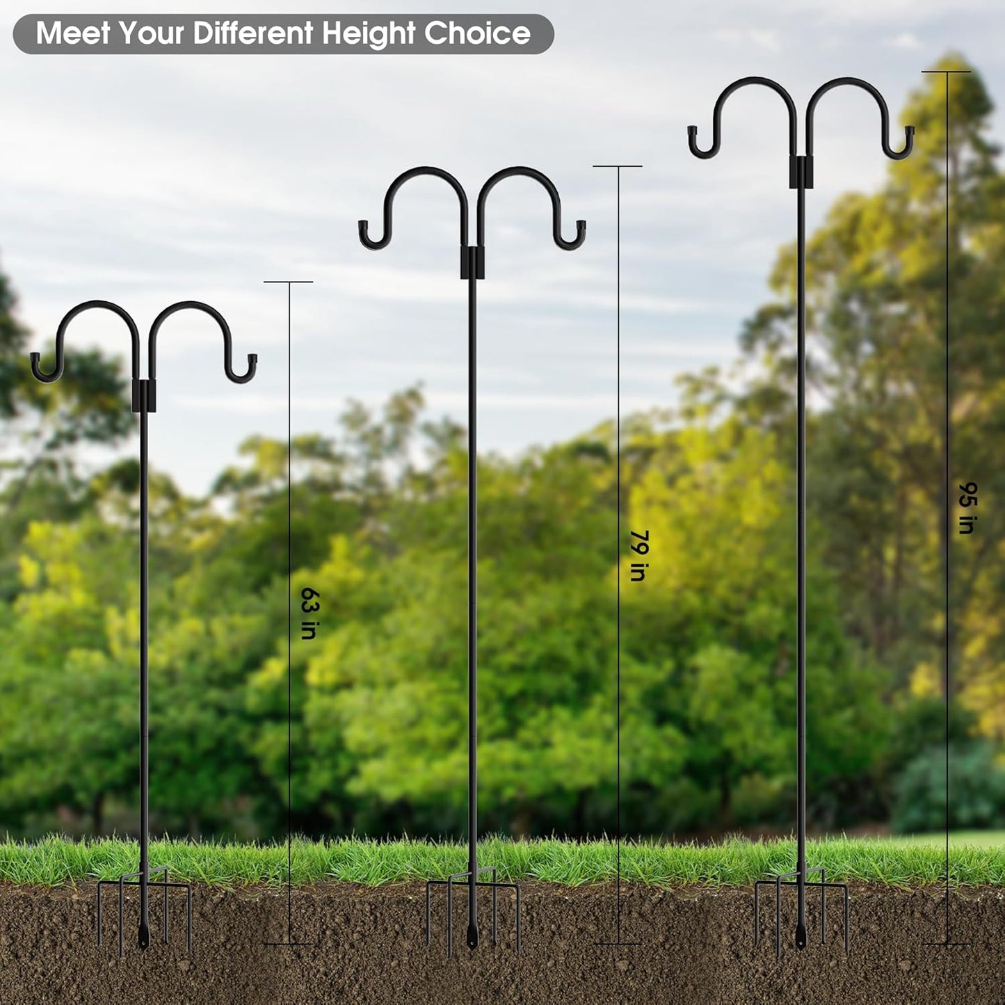 Highpro Double Shepherds Hooks for Outdoor, 2 Pack 79 Inch Heavy Duty Garden Pole for Hanging Bird Feeder, Bird Feeder Hook Plant Baskets,Garden Plant Hanger Stands with 5 Base Prongs