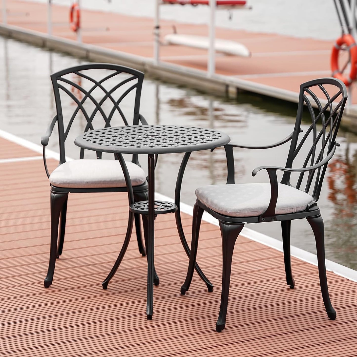 3 Piece Outdoor Bistro Table Set with Cushions, Cast Aluminum Patio Bistro Sets Patio Set with Umbrella Hole, All Weather Patio Table and Chairs Set of 2 for Garden, Black