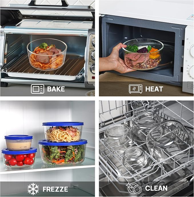 Vtopmart 4 Pack Glass Bowls with Lids (1, 2, 4, 7 Cup), Food Storage Containers, Meal Prep and Leftovers Keeper, Lunch Container, Microwave, Dishwasher & Freezer Safe