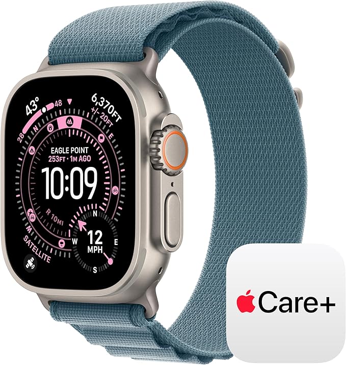 Apple Watch Ultra 3 [GPS + Cellular 49mm] Running & Multisport Smartwatch w/ Rugged Titanium Case w/ Light Blue Alpine Loop - M w/ AppleCare+ (2 years)